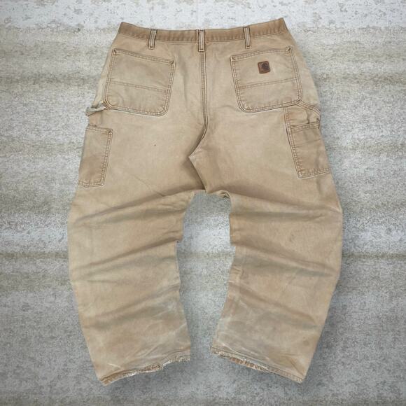 Vintage Carhartt Carpenter Pants Tan Canvas Baggy Wide Leg Fit Dungarees 90s